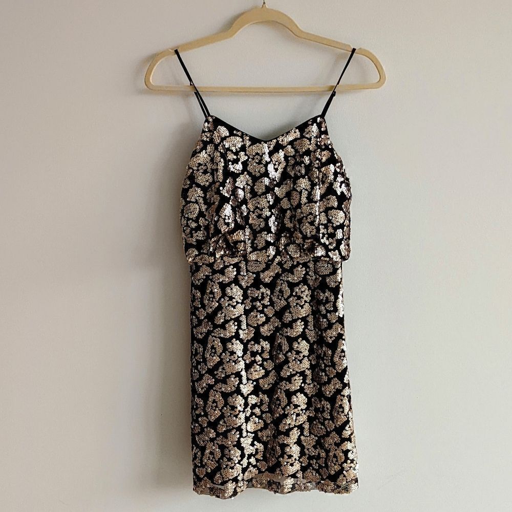 Women's Mini Dress Spaghetti Strap Rose Gold Sequined Blouson Fitted Small